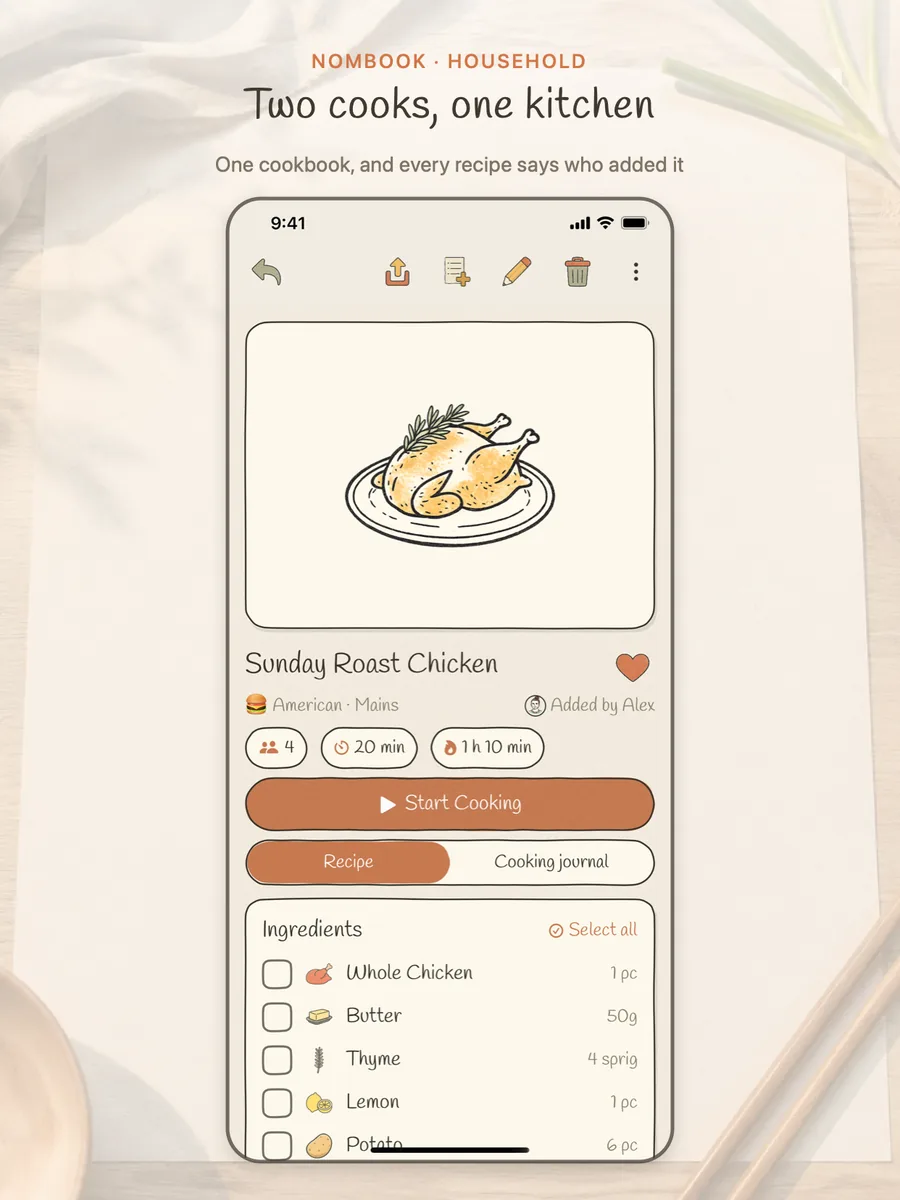 On Mia's phone, Sunday Roast Chicken reading “Added by Alex”