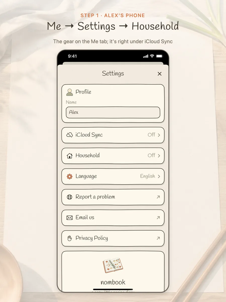 Settings, with Household under iCloud Sync
