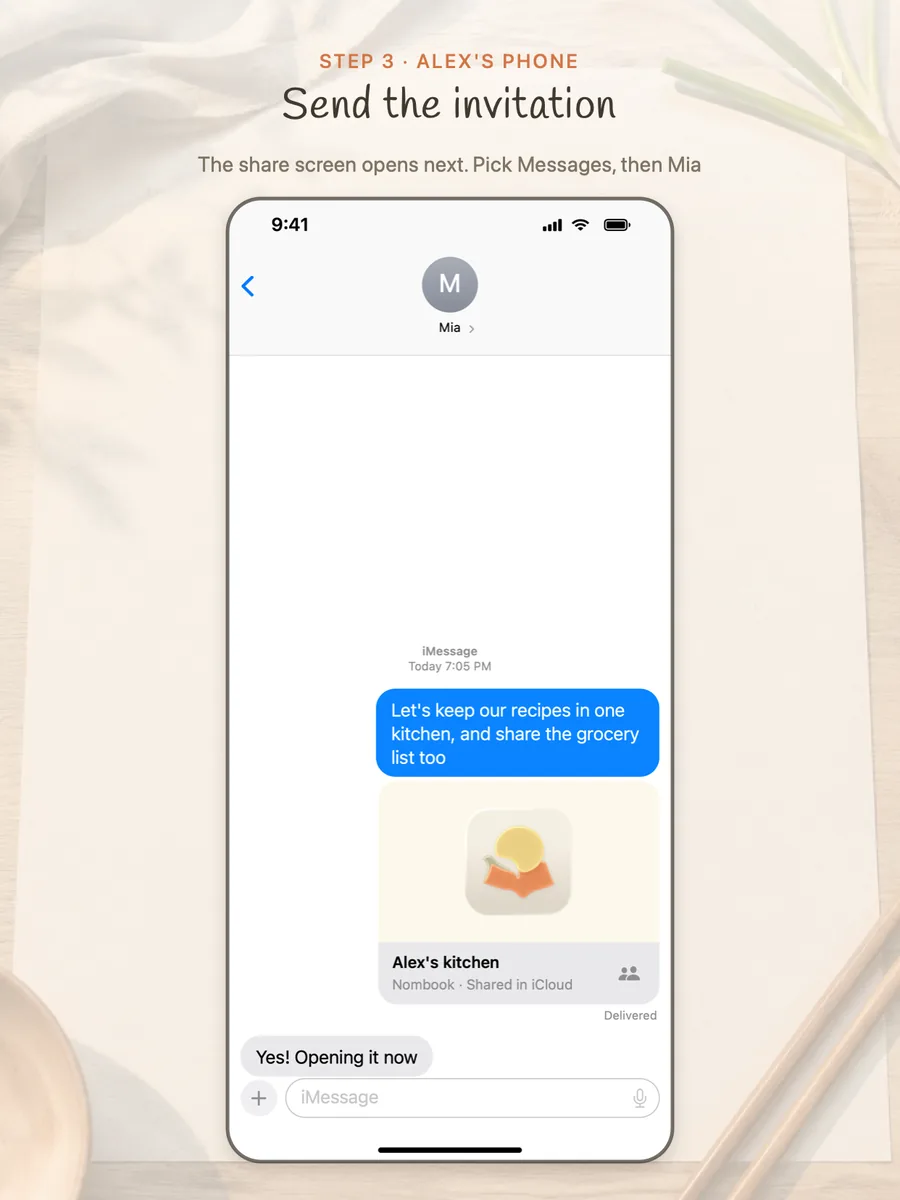 Alex sends the invitation to Mia in Messages