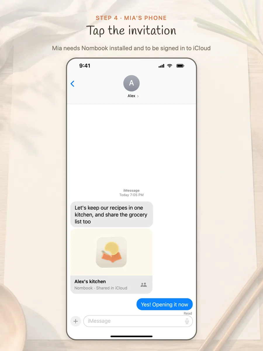 Mia receives the invitation in Messages