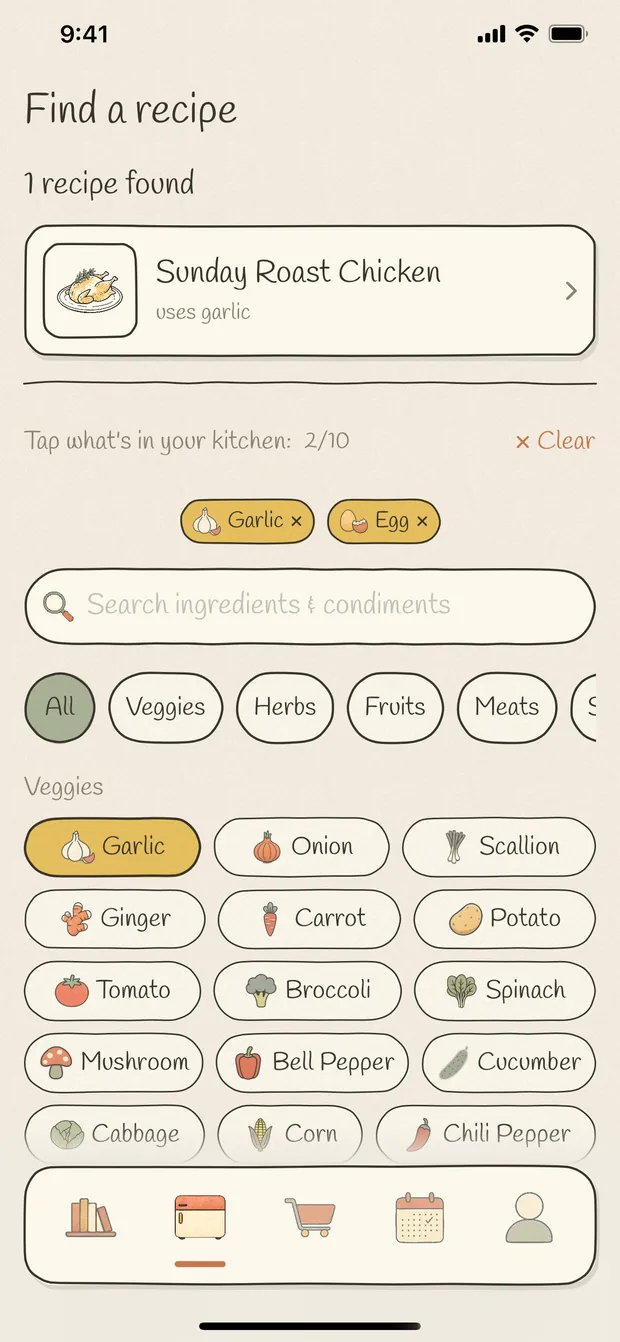 The ingredient finder: garlic and egg picked from a grid of illustrated ingredients, with one matching recipe found.
