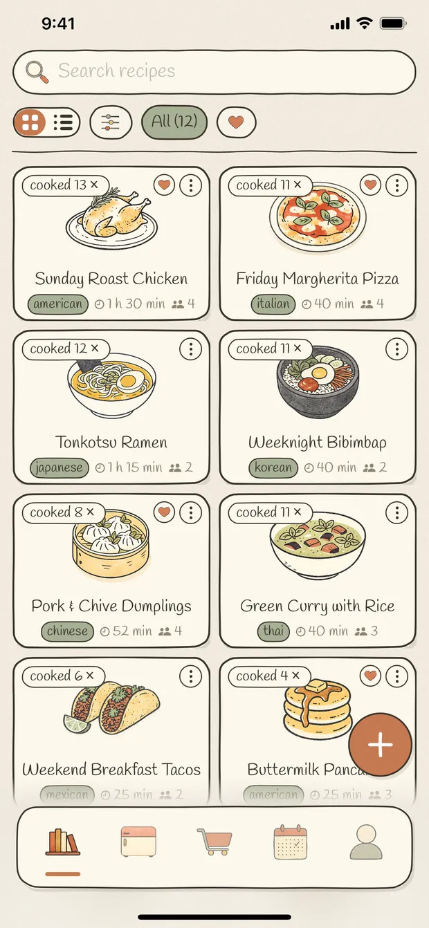 A grid of recipe cards, each with an illustrated cover, a cuisine tag, a cooking time and a cooked count.