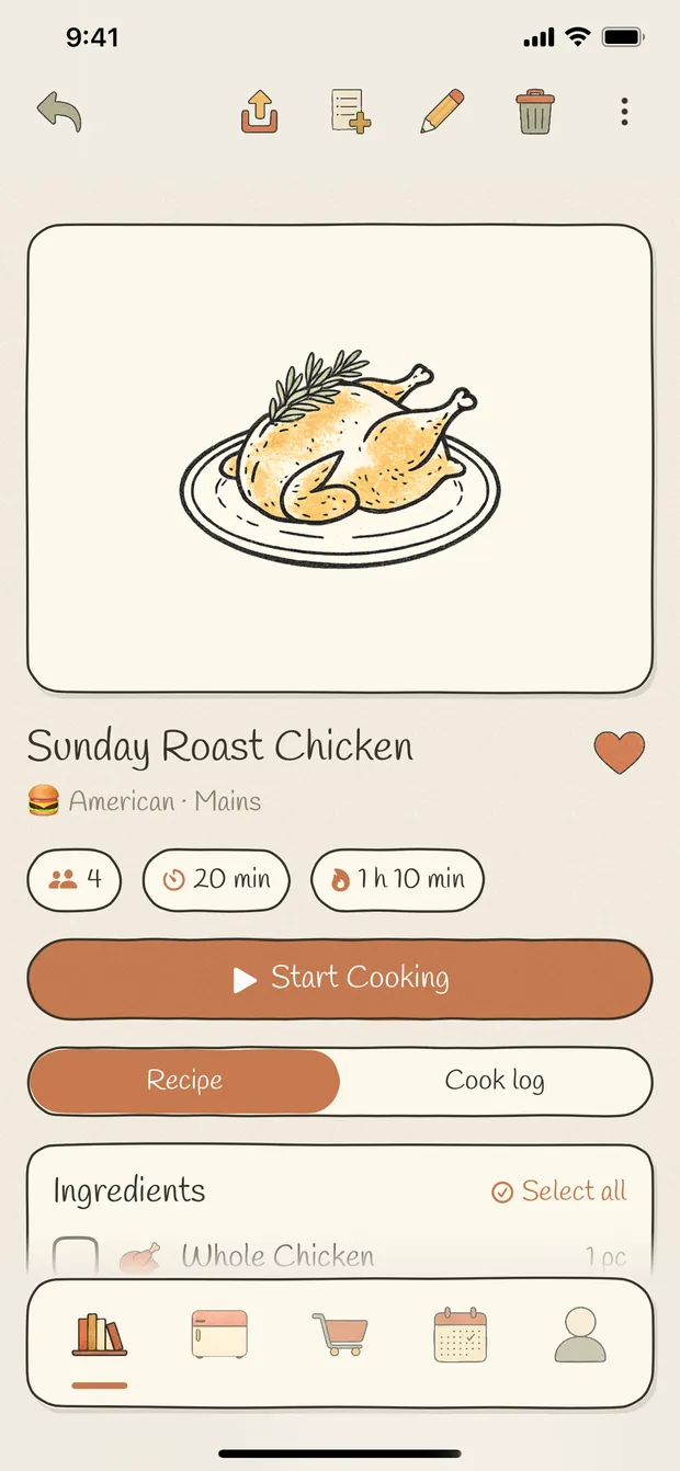 A recipe page for Sunday Roast Chicken with its cover, servings and times, a Start Cooking button, and Recipe and Cook log tabs.